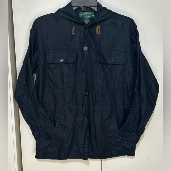 Lauren Ralph Lauren Dark Navy Blue 100% Linen Hooded Jacket Size Petite Small - Picture 1 of 11